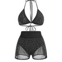 Women Sparkle Rhinestone Mesh Sheer Bikini Sets Halter Bra Top High Waist Shorts Bottom Swimsuits Rave Outfit, Small
