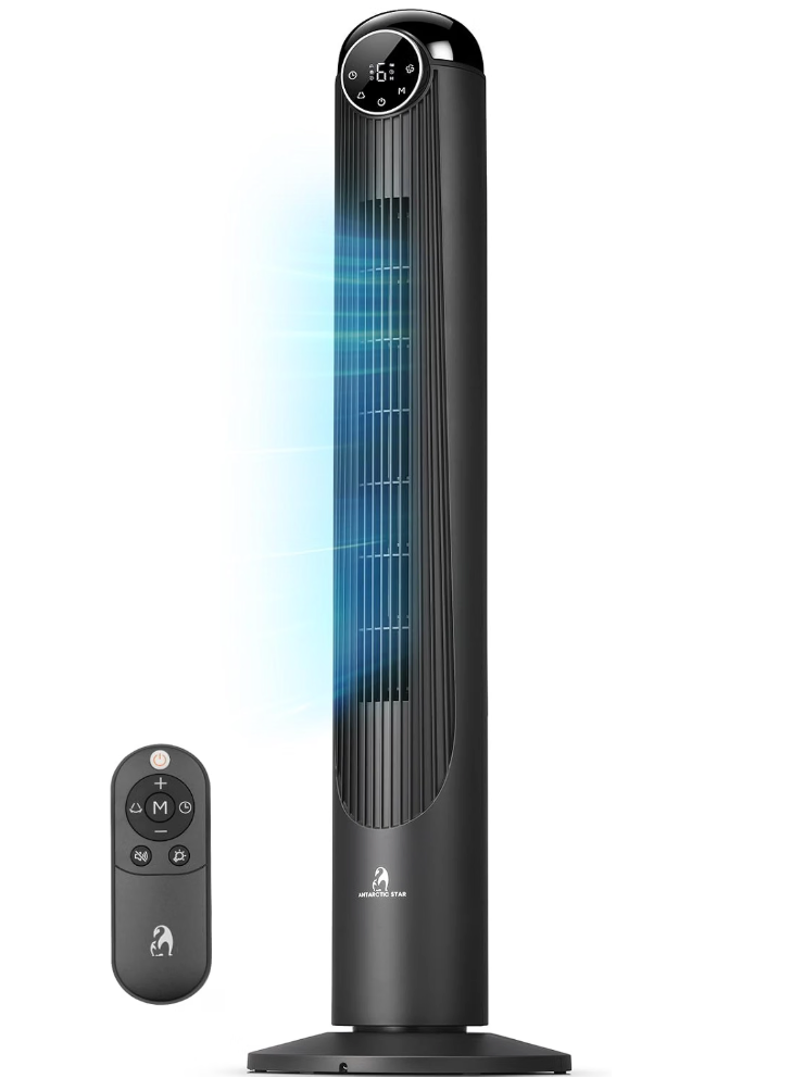 Antarctic Star T42 Tower Fan, 42 Inch DC Brushless Motor Bladeless Oscillating Fan with Remote, 6 Speeds & 4 Modes,LED Display, 9H Timer, Quiet Floor Standing Fan for Bedroom Living Room Office, Black