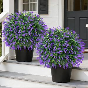 Grooy Artificial Boxwood Topiary Ball with Lavender, Set of 2 Artificial Shrub Bushes with Ground Spike, UV Resistant Fake Evergreen Plant Tree for Porch Outdoor Planters Indoor Valentine's Day
