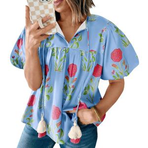 Cicy Bell Womens Boho Floral Blouses Puff Sleeve V Neck Babydoll Shirts (S)