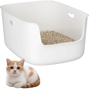 Low Entry High Sided Plastic White Cat Litter Box 22.8x15x8.66 Inch with Splash Guard - One-Piece Smooth Interior Easy Clean for Senior Kittens Mobility-Impaired Cats & Large Breeds