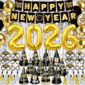 New Years Decorations 2026, New Years Eve Party Supplies 2026 with Happy New Year Banner Silver Fringe Curtains 32inch 2026 Balloons Hats Glasses Noise Makers for NYE Decorations 2026