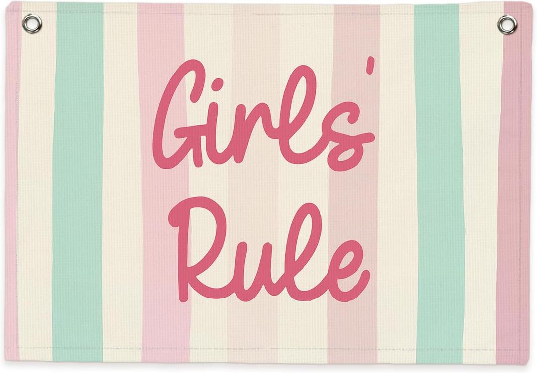 SJDFCSA Girls Rule Banner Canvas Wall Hanging, Girls Room Decor Wall Art, Preppy Colorful Striped Wall Decor Hanging Banner Flag for Girl Toddler Nursery Bedroom Room Playroom Prints, 30x20 In