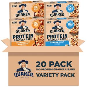 Quaker Protein Granola Bars, 2 Flavor Variety Pack, 10g Protein, 1.41 oz Bars, 20ct, Best By: 09/08/2025