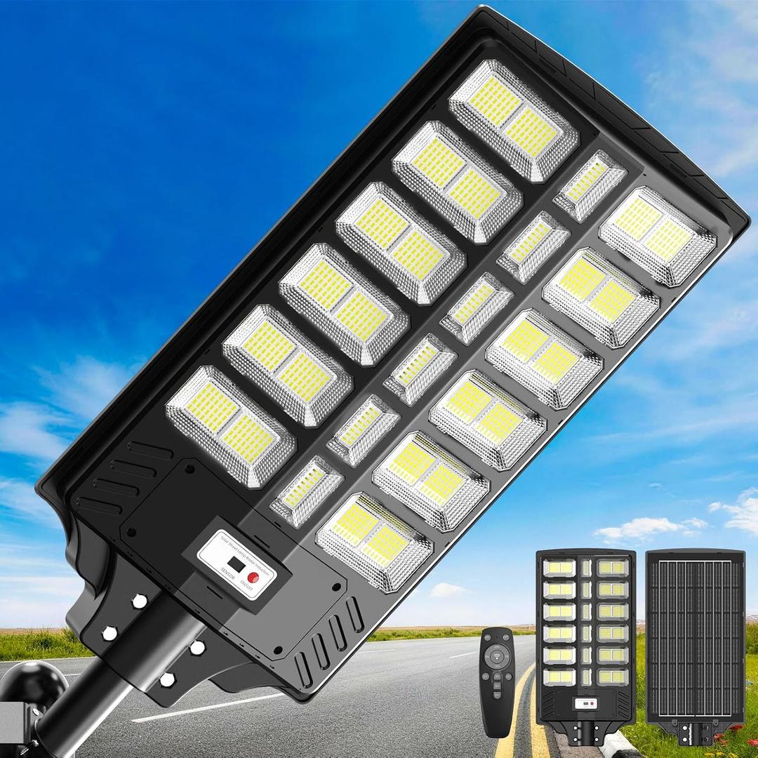 Solar Street Lights Outdoor Waterproof 10000W, Large 27 Inch Commercial Solar Powered Street Light with Motion Sensor & Remote, 6500K Security Flood Light for Parking Lot, Yard, Driveway, Barn