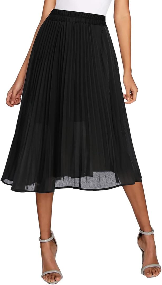 Urban CoCo Women's A Line Elastic Wasit Chiffon Midi Skirt Flare Pleated Skirts with Pockets (Black, S)