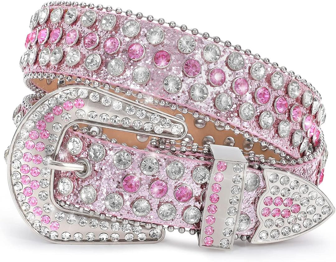 XZQTIVE Cowgirl Bling Studded Leather Belts for Jeans Pants with Rhinestone and Western Silver Buckle, Unisex (Fit waist 28-30 inch)