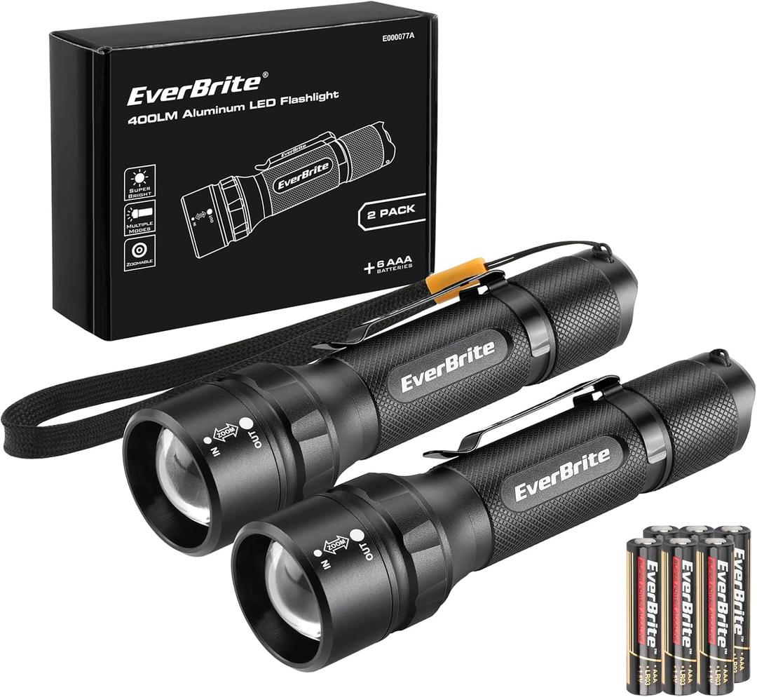 EverBrite 400 Lumens Aluminum LED Flashlight, Zoomable Flashlight with Lanyard&Clip, 4 Modes, IPX4 Waterproof, for Camping Hiking, Emergency, EDC, Survival Use, Batteries Included(2-Pack)