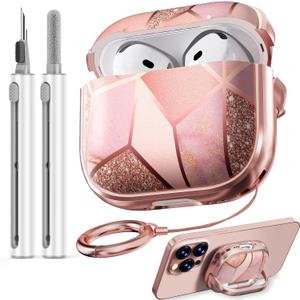 Inesore with Safety Lock for AirPods 4 Case Cover 2024, Floral Cute AirPod 4th Generation Case for Women Girly with Cleaner Kit and Keychain- Pink Gold Marble