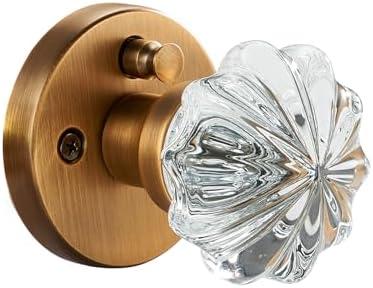dairazan Privacy Door Knob with Clear Crystal Glass Flower Handle and Antique Amber Brass Rosette – Elegant Vintage Interior Lock Set for Bedroom & Bathroom