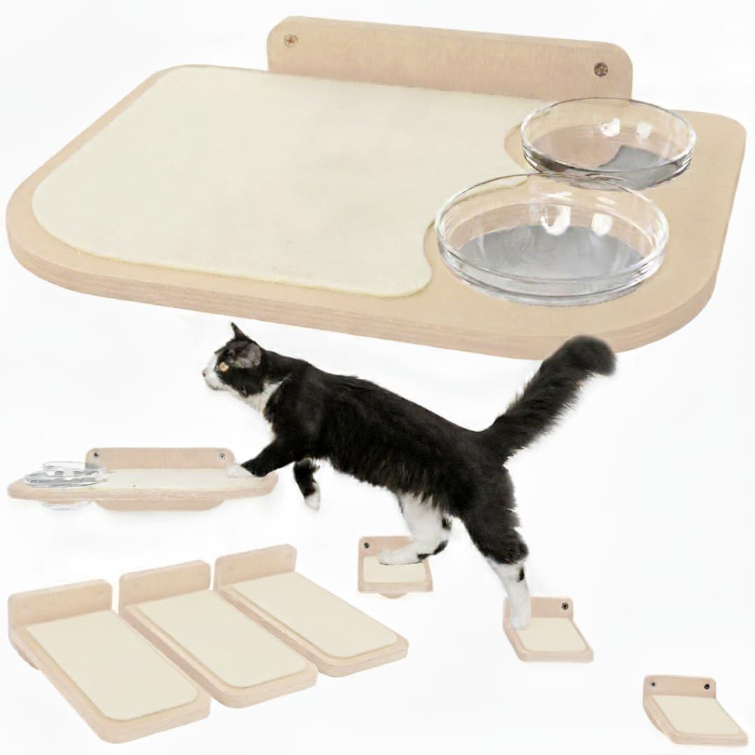 INICO Cat Wall Shelves  Dog Proof Feeding Station with Wall Mounted Shelves, Durable 3 Step Birch Floating Shelf for Cats Up to 15lbs, Attached Cat Food Bowl for Convenient Feeding  Wood Brown