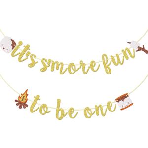 It's S'more Fun to Be One - Camping Themed 1st Birthday Banner, S'mores Banner for Baby Boy and Girl, One Happy Camper, Outdoor Camping Decorations (Gold Glitter)