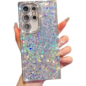 BANAILOA Glitter Sparkle Compatible with Samsung Galaxy S24 Ultra Case Rectangle Edge with Luxury Bling Rhinestones Camera Cover Protective Case for S24 Ultra - 6.8 inch (Sliver Flash)