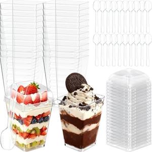 5oz Plastic Dessert Cups with Lids and Spoons, Clear Small Yogurt Parfait Cups with Lids, Mini Dessert Shooter Cups with Spoons, Square Appetizer Cups for Party Fruit Pudding Trifle Ice Cream 20 Pack