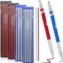 2 Pcs Welders Pencil with 48 PCS Round Refills Mechanical Pencils Metal Welding Marker for Tube Pipe Fitter Welder Steel Construction Woodworking (Red, Silver)