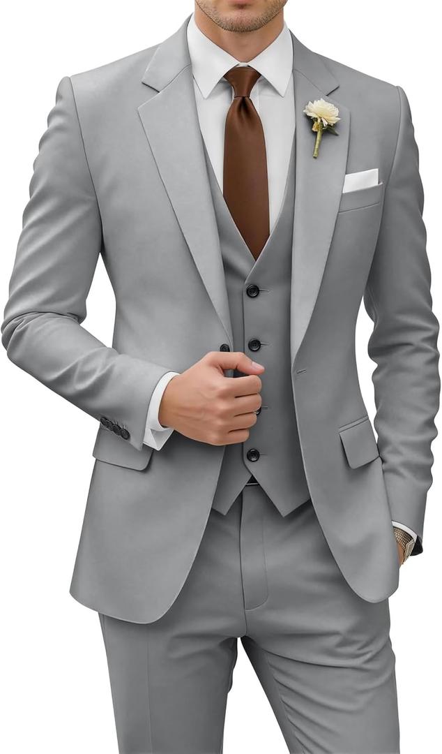 Wangyue 3 Piece Suit Men Slim Fit Wedding Suits for Men Mens Elegant Suits Notch Lapel Blazer Single Breasted Vest and Pants (X-Small, Silver)