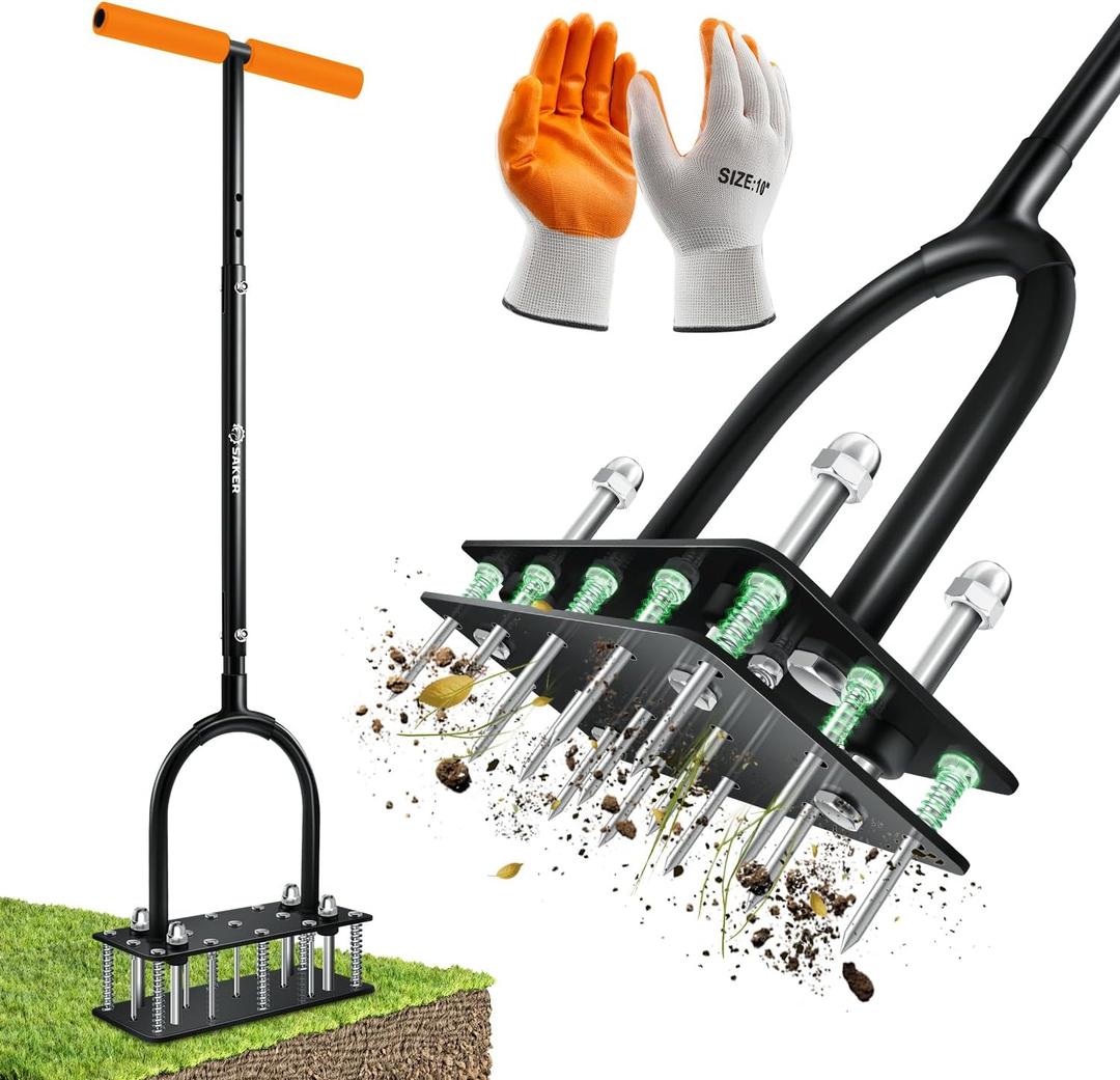 Saker Manual Lawn Aerator Tool, with 15 Iron Spikes Adjustable Height, Double-Layer Spring, Heavy-Duty Iron Lawn Aerator Tool with Gloves for Loosening Soil Aerating Patio, Yard, Garden Orange