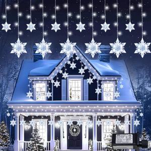 Snowflake Icicle Lights, 8.2 Ft 144LED Curtain Fairy Light with 12 Drops, Connectable 8 Mode Timer Snowflake Christmas Lights Plug in for Bedroom, Window, Wedding, Indoor Outdoor Xmas Decor, White