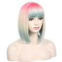 WildCos Short Bob Wig With Bangs 14 Inches Synthetic Cosplay Wig for Women (Pink - Blonde - Blue)