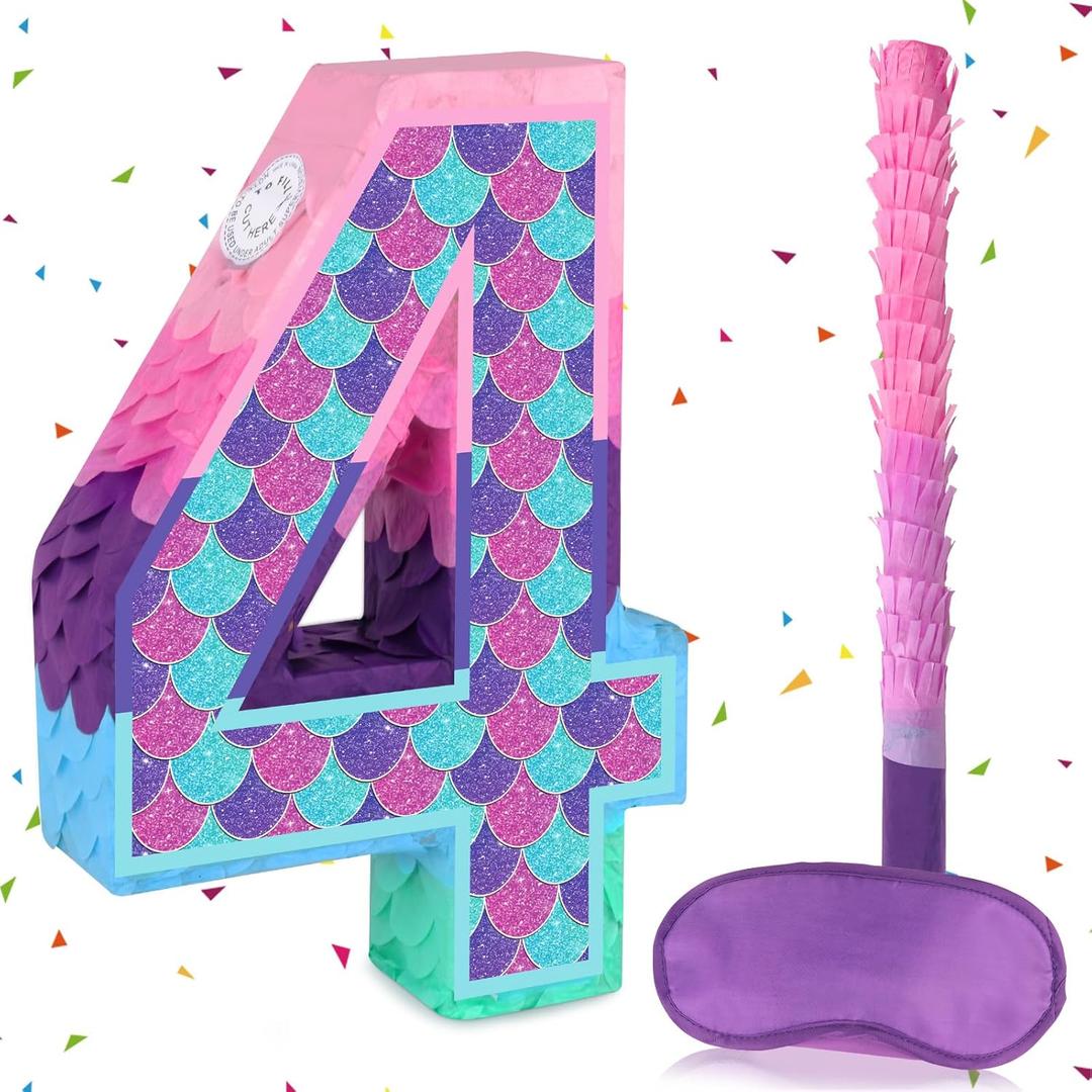Mermaid Number 4 Pinata with Stick Blindfold for Girl 4th Birthday Party Decoration Colorful Paper Flaver Anniversary Celebration for Children's Ocean Mermaid Theme Carnival Event Decoration