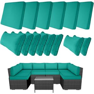 14 Piece Outdoor Furniture Replacement Cushions, Cover+Filling, 25.6" x 25.6" x 4" Foam Waterproof Outdoor Sofa Cushion Sets, Fit Wicker Rattan Sectional Conversation Set,Teal