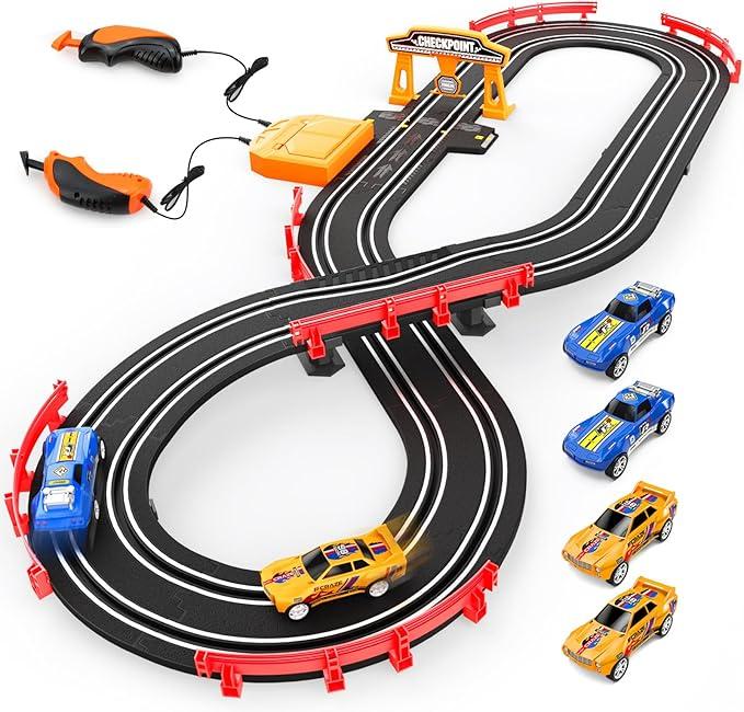 Heirio Slot Car Race Track Sets, Electric or BatteryPowered Dual Car Track Include 4 HighSpeed Race Cars, Controllers, Checkpoint, Lap Counter, Toy Gift for Boys Girls Ages 5 6 7 812 Year Old Kid