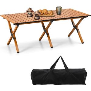 BOOSDEN Portable Folding Camping Table, Outdoor Low Picnic Table, Aluminum Roll-up Camping Table with Carry Bag, Lightweight Foldable Camp Table for Beach,Party, Patio, BBQ, Travel, Backyard (Original Wood)