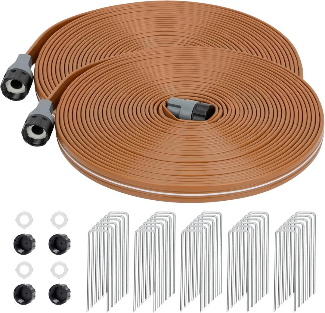 Sprinkler Soaker Hose 100 FT, Watering Hose with Holes, High-Efficiency Water-Saving Sprinklers System for Lawn and Garden with Staples 50FT × 2Pack