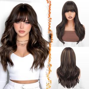 BARSDAR Dark Brown Mix Auburn Highlight Layered Wig with Bangs - 20 Inch Layered Wig with Bangs for Women, Natural Looking Soft Wavy Synthetic Wigs Straight Layers Haircut Fringe Daily