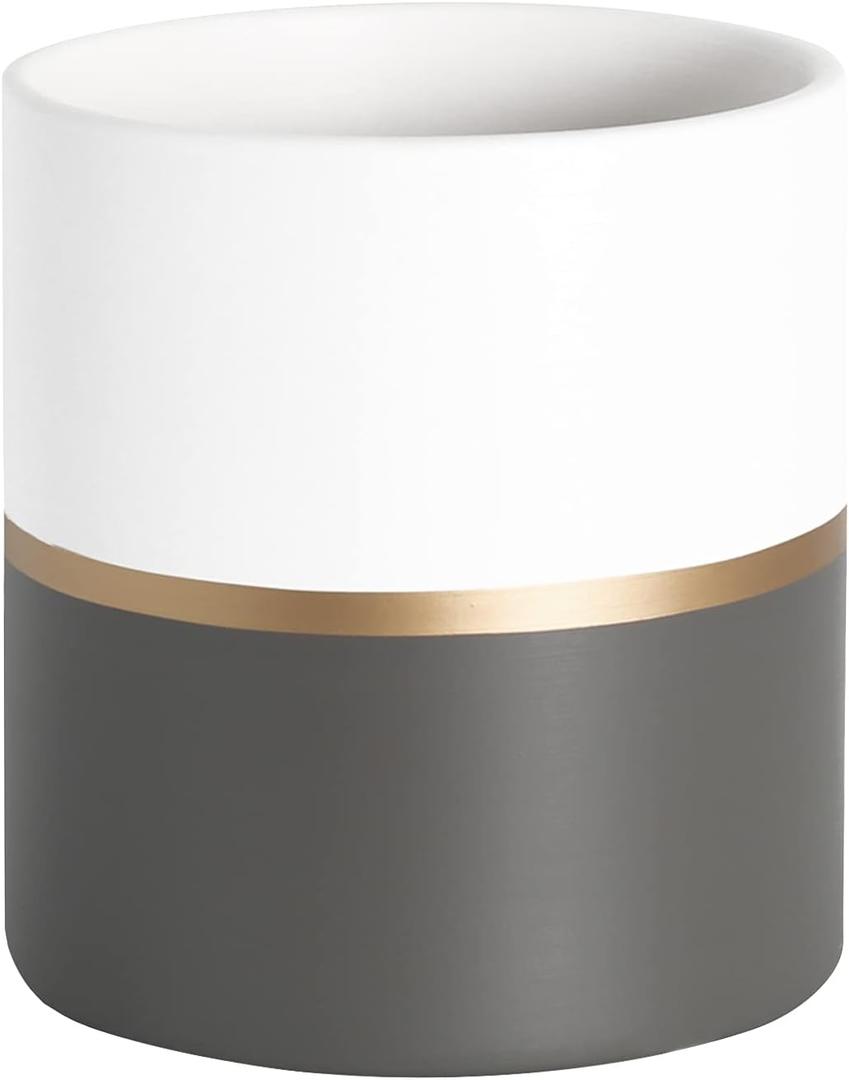 Plant Pots Indoor 6.7 Inch Ceramic Planters, Matte Flower Pots with Drainage Hole for Home Office Decor (Grey, White, with Gold Stripe)