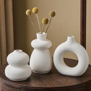 White Ceramic Vase Set of 3 Small Flower Vases for Home Decor, Modern BohoVase for Pampas Grass, Round Decorative Vases Table Centerpieces for Wedding Living Room Shelf Coffee Table (White Vase - A)
