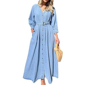 Women's Denim Shirt Dress Button Down Jean Dress Long Sleeve Midi Dress with Pockets, S