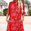 Womens Summer Shirt Mini Beach Dresses | Flowy Shift Dress, Button V Neck, Polo Collar, Ruffle Short Sleeve, Floral Boho Style, Casual Vacation Outfits with Pockets (Red, S)