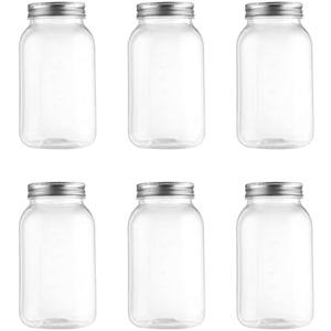 noveinks 32 oz Plastic Food Storage Jars with Metal Lids – 6 Pack BPA-Free Clear Airtight Containers for Pantry, Spices, Snacks, Kitchen & Bathroom Organization – Leak-Proof Reusable Jars (Silver)