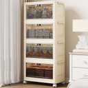 4 Tier - 34QT Storage Bins with Lids, Collapsible Storage Bins with Doors and Wheels, Plastic Storage Cabinet for Easy Storage and Organization for Living Room, Office