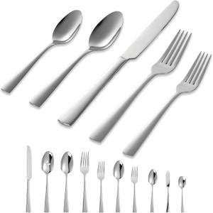 45-Piece Flatware Sets, Silverware Set for 8, Durable Stainless Steel Tableware in Ergonomic Design Size and Weight, Kitchen Utensils Set with Steak Knives, Rust-proof, Dishwasher Safe