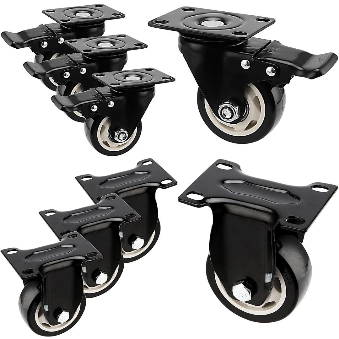 Set of 8 Swivel Caster Wheels, 3 Inch Heavy Duty Plate Caster Wheels, 4 Locking, 4 Fixed Double Ball Bearing Replacement Casters for Furniture, Carts, 200 Lbs Each Wheel, Black