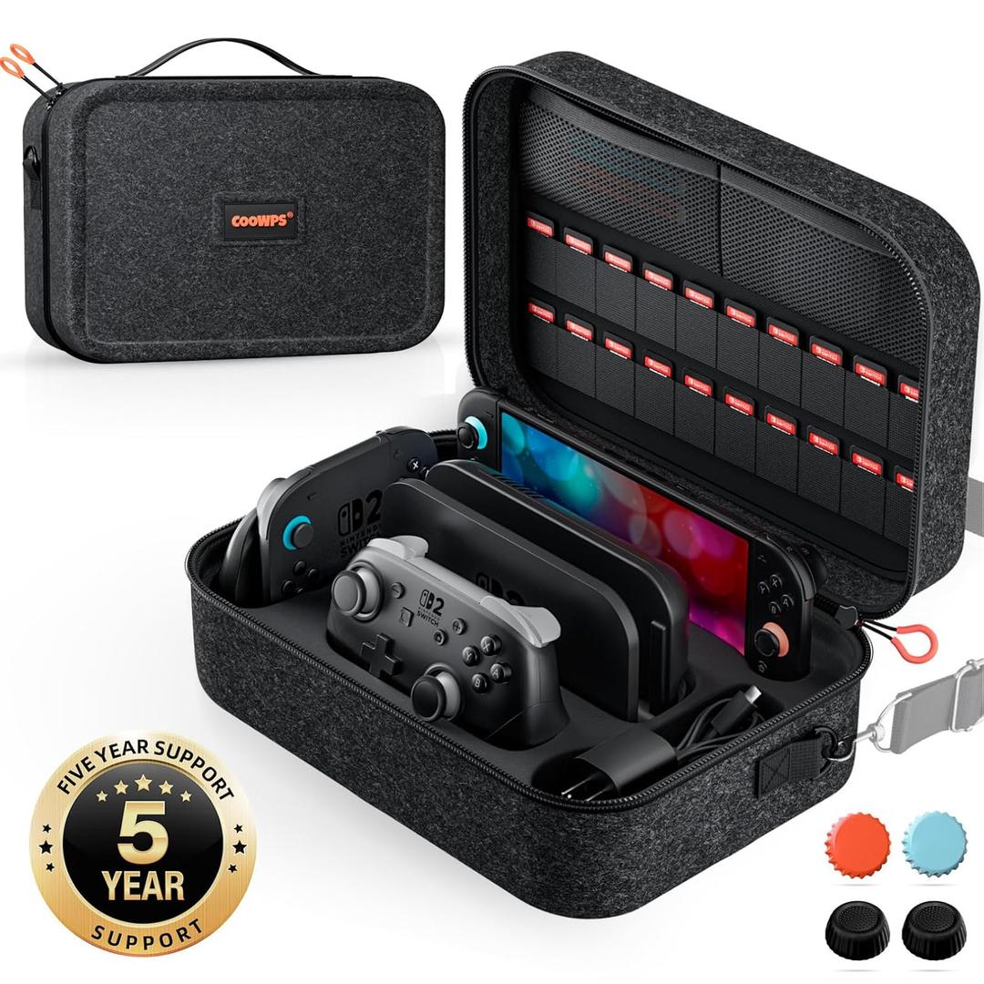 COOWPS Switch 2 Case for Nintendo Switch 2, with 4Pcs Thumb Grips, Game Card Slots, Odorless Felt Hard Shell Military Grade Protection All In One Travel Case for Switch 2 Console Accessories