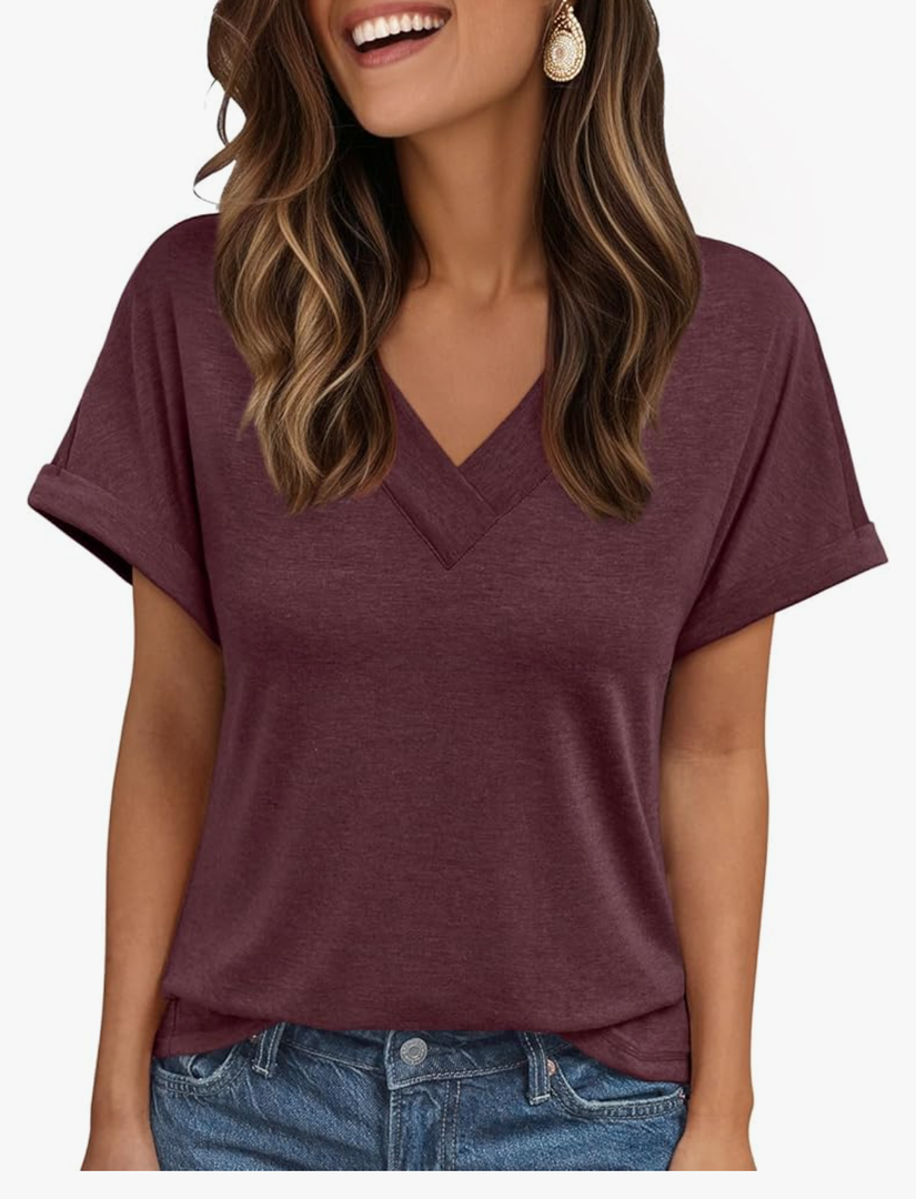 AUTOMET Womens Tops Short Sleeve T Shirt Summer V Neck Casual Top 2025 Spring Cute Basic Trendy Outfits Fashion L
