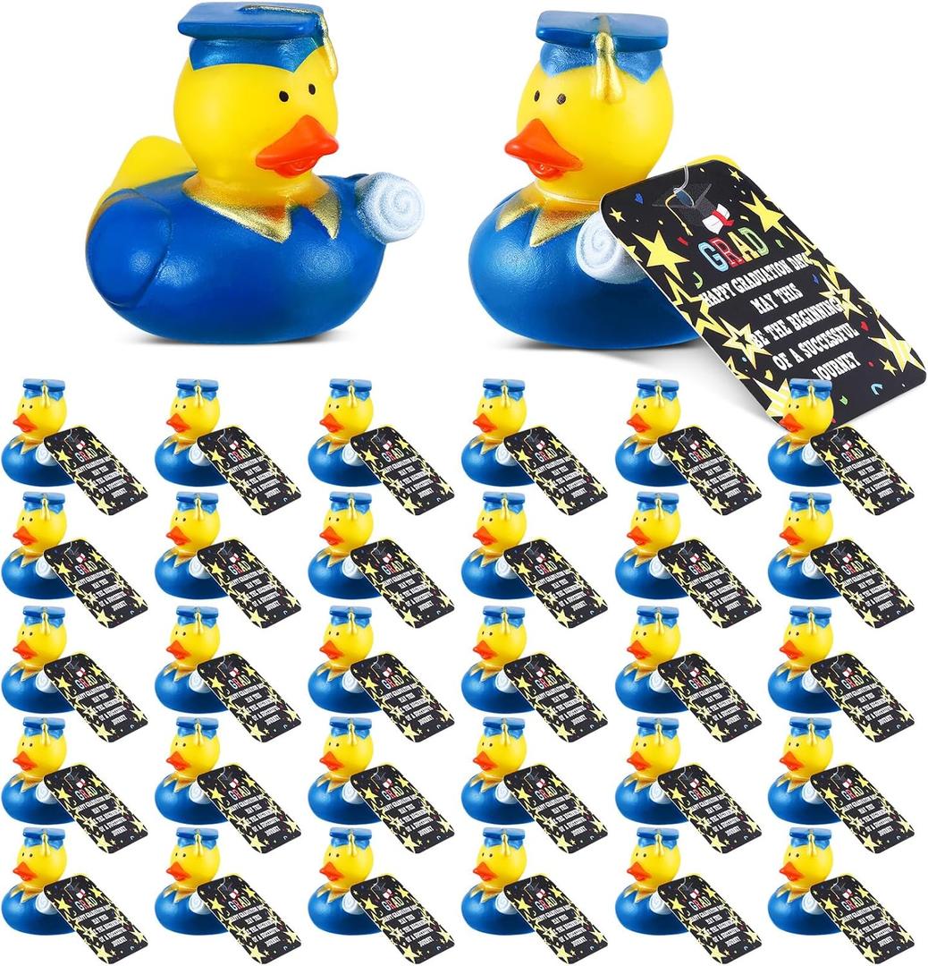 30 Pcs Graduation Rubber Ducks with Party Cards Mini Ducky Favors Graduation Cap and Certificate for Pool Bath Toys Gifts Party Supplies(Blue)