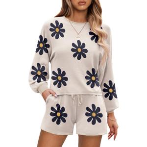 Ekouaer Knit Pajamas Set for Women Lounge Wear Sets Long Sleeve Sweatsuit Matching 2 Piece Outfits Casual Sweater Sets (Medium, A-white Flower)