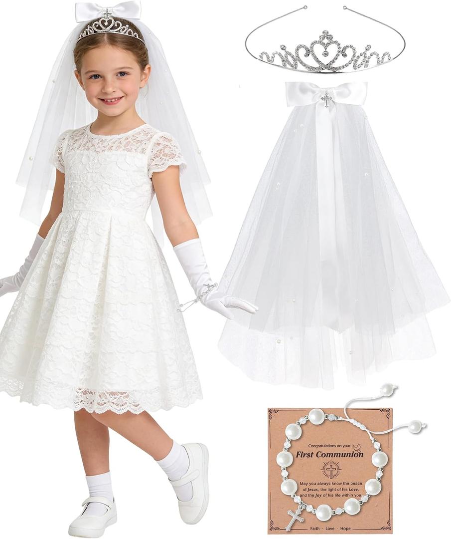 First Communion Accessories Set - White Veil Costume Kit for First Communion Dress Up Wedding Bridal Shower