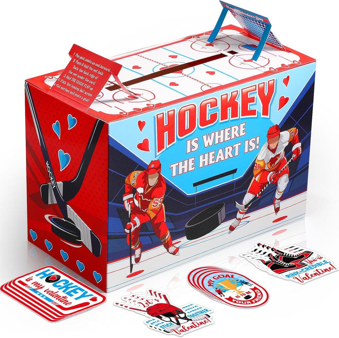 Pasimy Valentine Card Box with 32 Cards Party Mailbox Set for School Classroom Exchange Party Favors, 1 Mailbox, 33 Valentine Cards(Hockey)