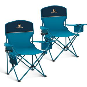 LET'S CAMP Camping Chair 2 Pack Folding Chair with 4-Can Cooler Bag Portable Lawn Chair with Cup Holder,Storage Pocket, Supports 250LBS, Collapsible Chair for Camp, Beach, Picnic (Blue), 35.8" L X 21" W X 36.6" H