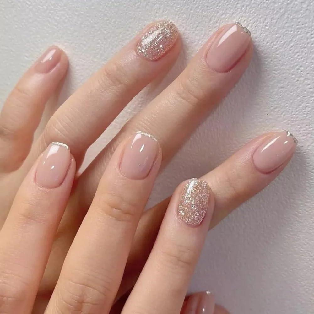 Curvlife Soft Gel Press on Nails 30pcs Fake Nails with Design Full Cover False Nails for Women Reusable Nail Kit with Nail Glue Adhesive Tabs Nail File (Gilt silver) (24 pieces)