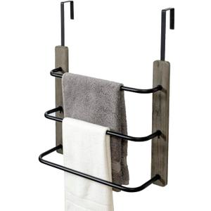 MyGift Modern Over The Door Towel Rack in Vintage Gray Solid Wood and 3 Tier Matte Black Metal Bars, Space Saving Bathroom Storage Drying Towels Hanger