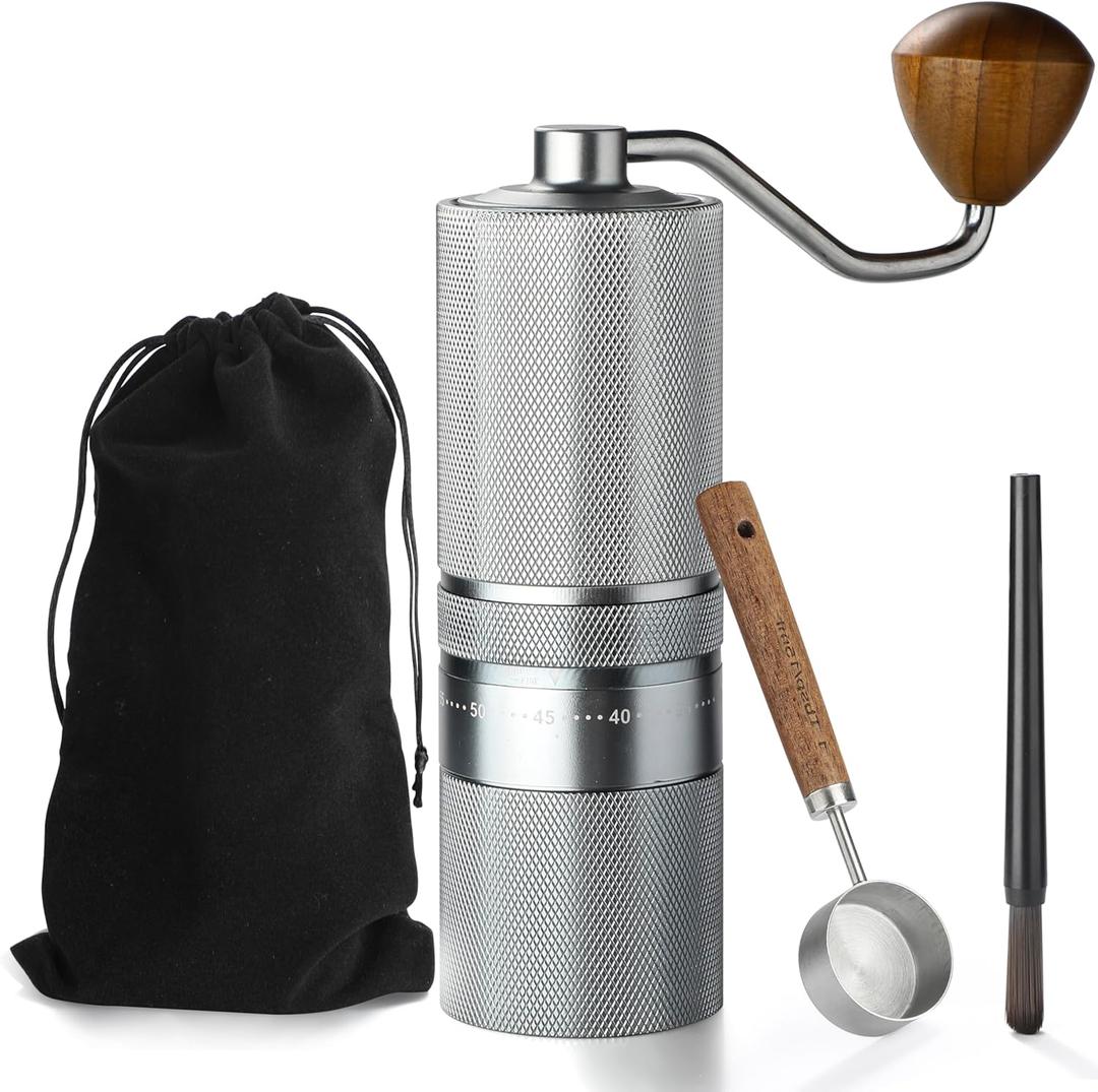 Manual Coffee Grinder with Stainless Steel Burr, Hand Coffee Grinder External Adjustable Grind Setting for Espresso, French Press (Silver)