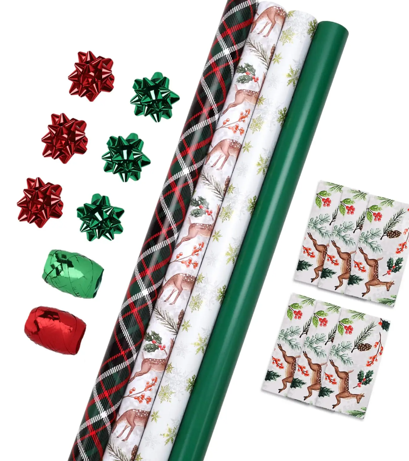 LaRibbons Christmas Wrapping Paper Set, Reindeer & Snowflake Design with Gift Bow & Ribbons & Tags, Perfect for Holiday, Party, Xmas Celebration,30 Inch X 10 Feet (4Rolls, 100 sq.ft.ttl.)