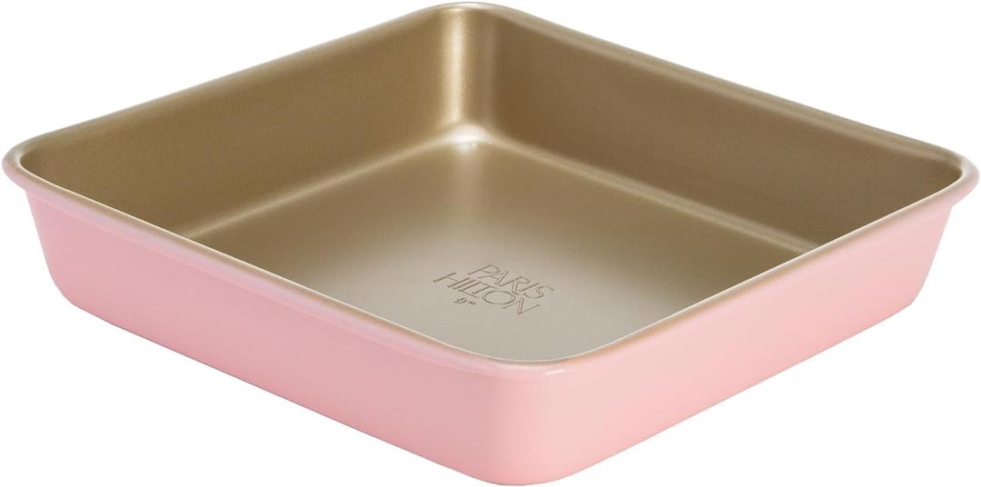 Paris Hilton Nonstick Carbon Steel Bakeware Collection, 9-Inch Square Cake Pan, Dishwasher Safe, Made without PFOA and PFAS, Pink Champagne Two-Tone (9" Square Cake Pan, Pink)