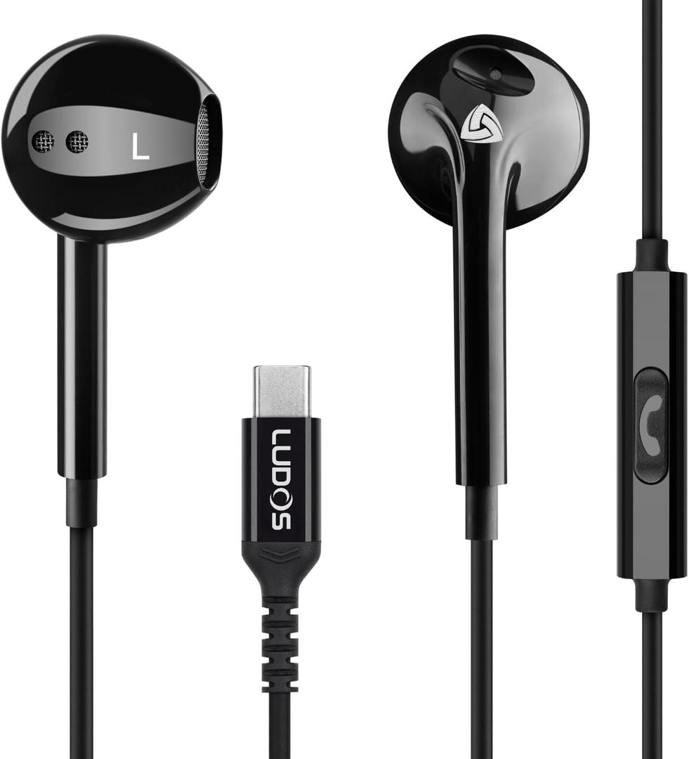 LUDOS Zenith USB C Headphones for iPhone 17 16 15 Pro Max Plus Air iPad Pro Air, USB-C Earbuds for Galaxy S24 S23 Ultra S22 S21 S20 A55 A54 A53, USB Type C Earphones - Black